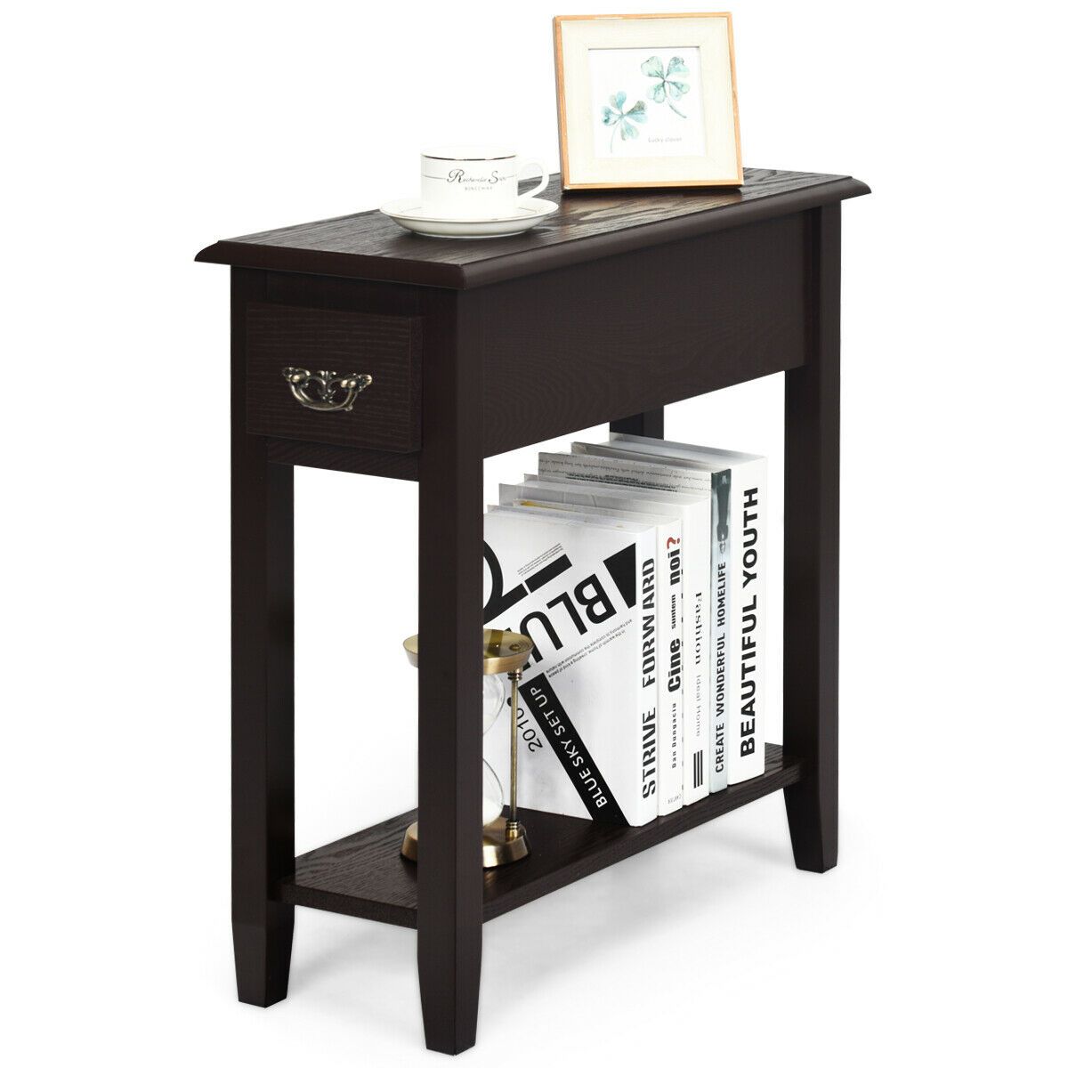 2-Tier Bedside Table with Drawer and Storage Shelf